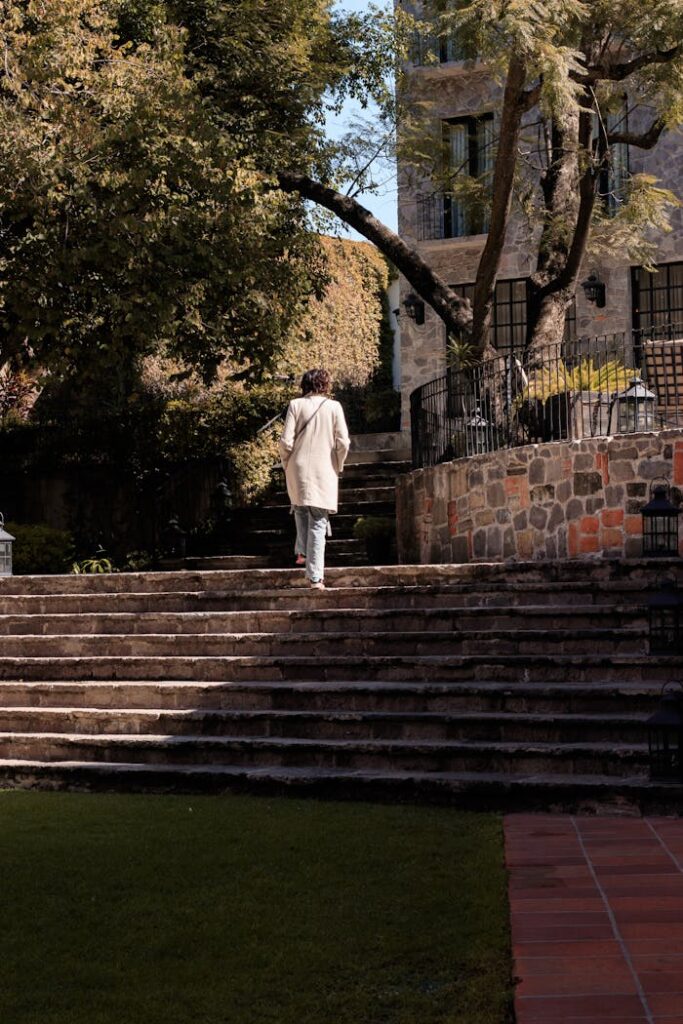 A person walking up rustic cobblestone stairs surrounded by lush foliage on a sunny autumn day.